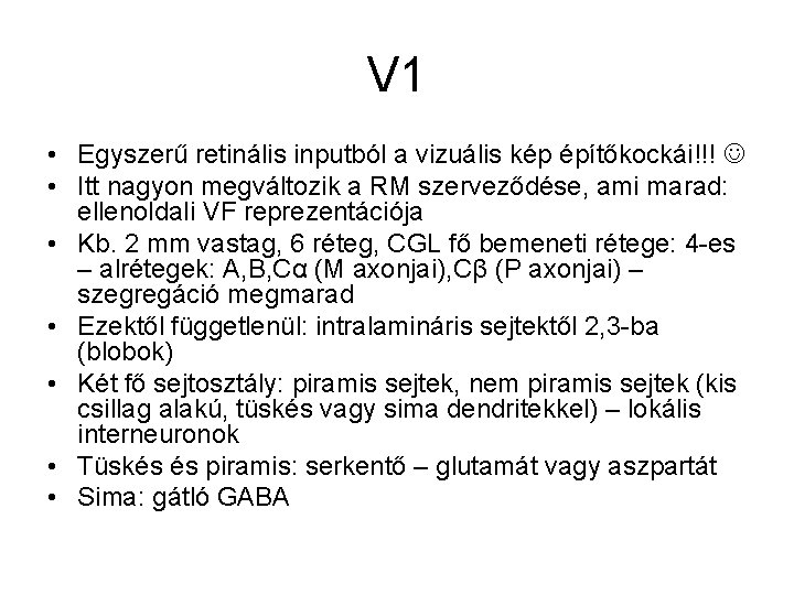 V 1 • Egyszerű retinális inputból a vizuális kép építőkockái!!! • Itt nagyon megváltozik