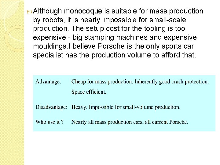 Although monocoque is suitable for mass production by robots, it is nearly impossible