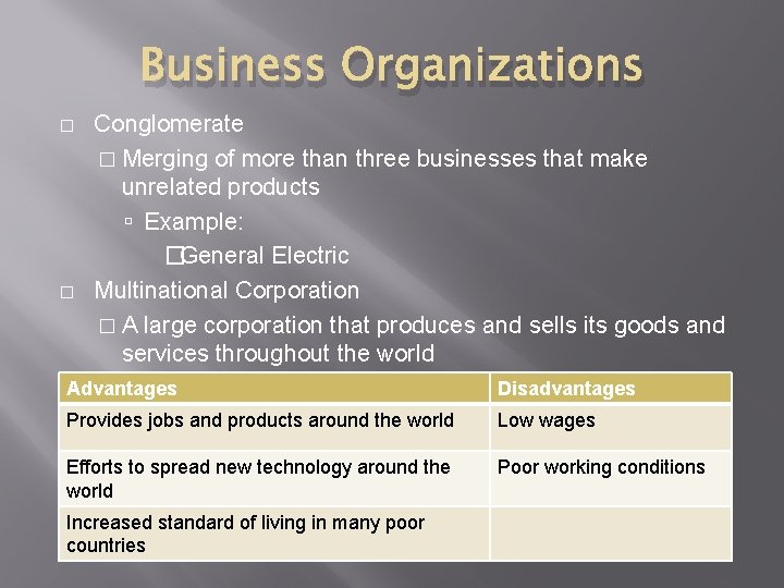 Business Organizations � � Conglomerate � Merging of more than three businesses that make