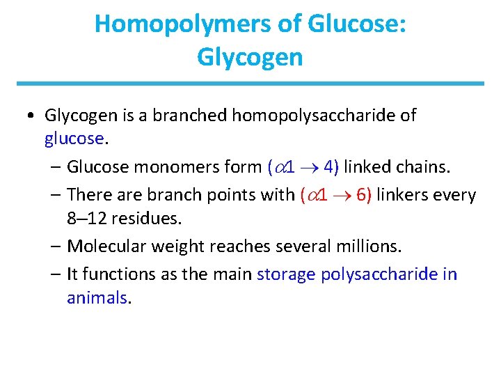 Homopolymers of Glucose: Glycogen • Glycogen is a branched homopolysaccharide of glucose. – Glucose