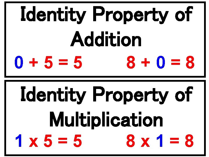 Identity Property of Addition 0+5=5 8+0=8 Identity Property of Multiplication 1 x 5=5 8