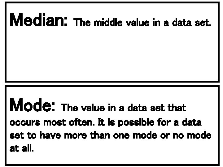 Median: Mode: The middle value in a data set. The value in a data