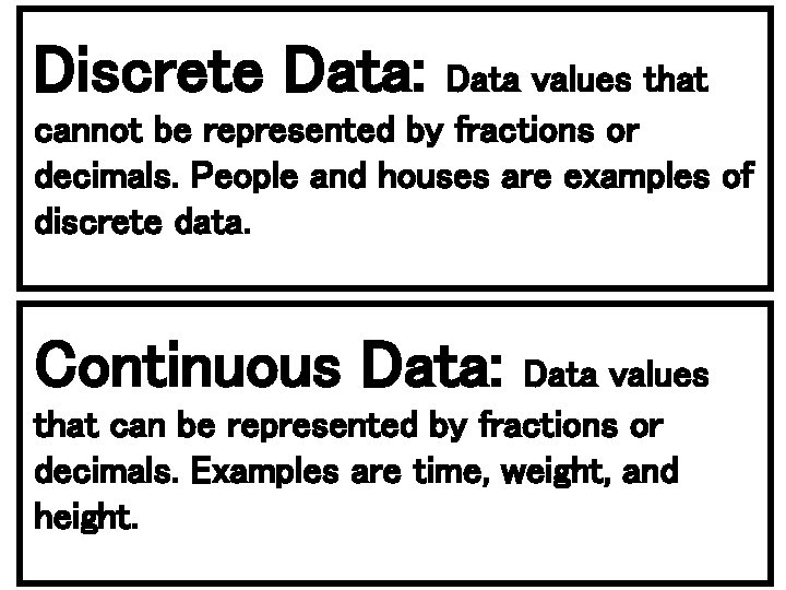 Discrete Data: Data values that cannot be represented by fractions or decimals. People and