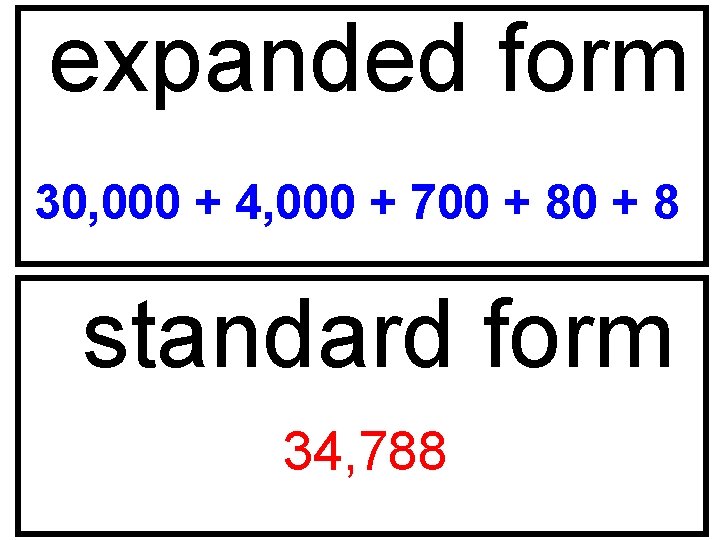 expanded form 30, 000 + 4, 000 + 700 + 8 standard form 34,