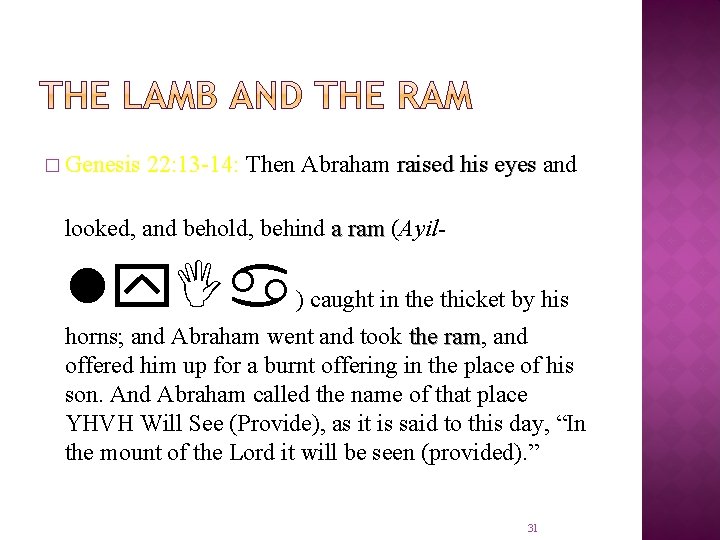 � Genesis 22: 13 -14: Then Abraham raised his eyes and looked, and behold,