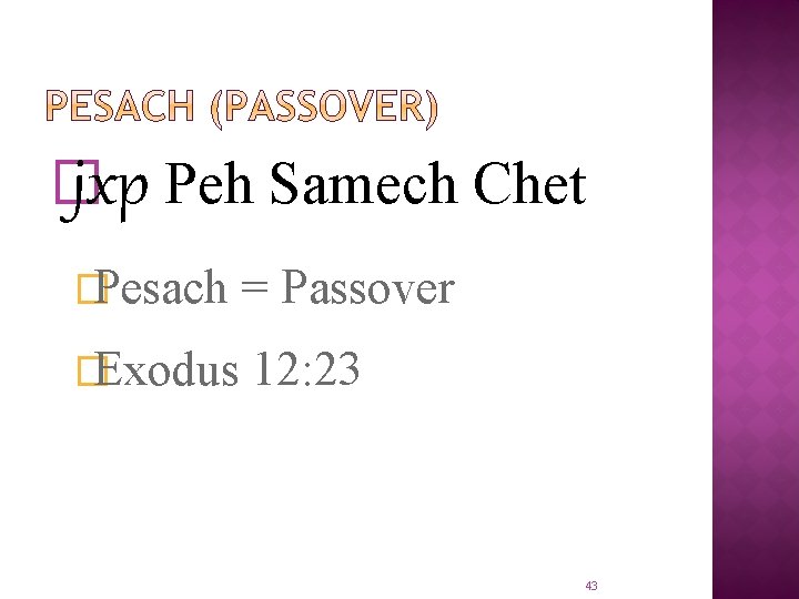� jxp Peh Samech Chet �Pesach = Passover �Exodus 12: 23 43 