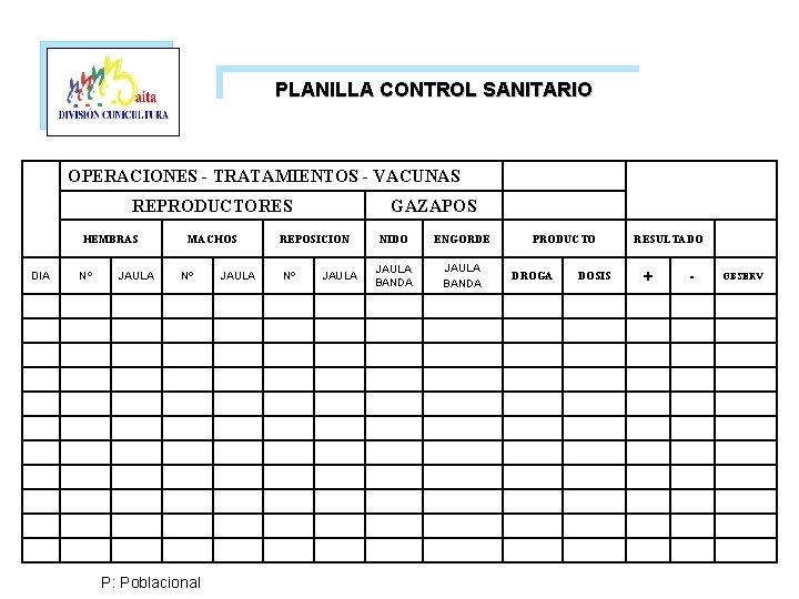 PLANILLA CONTROL SANITARIO OPERACIONES - TRATAMIENTOS - VACUNAS REPRODUCTORES HEMBRAS DIA Nº JAULA MACHOS