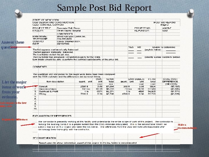 Sample Post Bid Report Answer these questions List the major items of work from