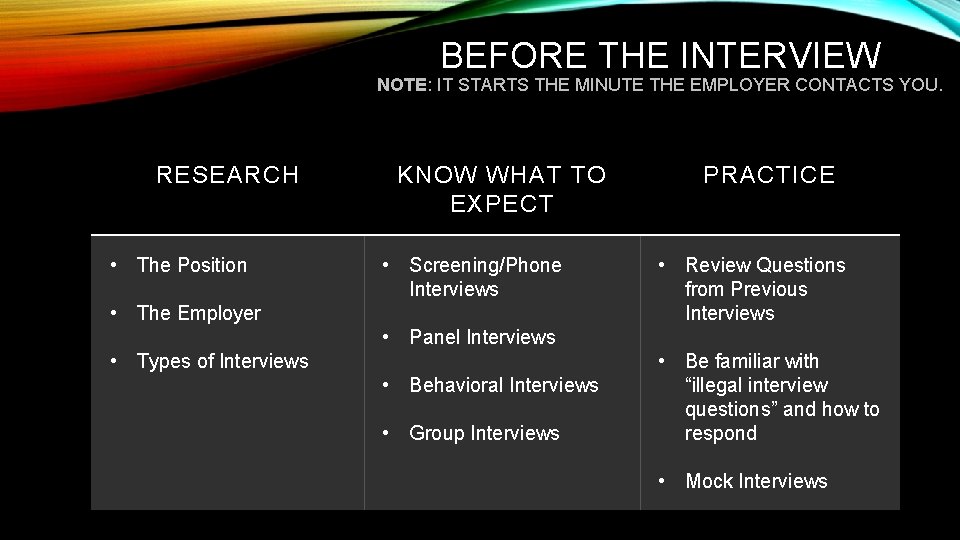 BEFORE THE INTERVIEW NOTE: IT STARTS THE MINUTE THE EMPLOYER CONTACTS YOU. RESEARCH •
