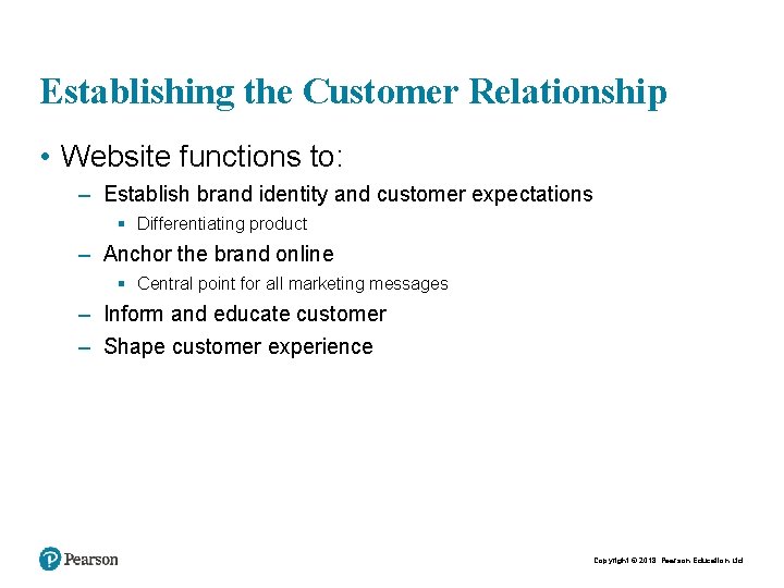 Establishing the Customer Relationship • Website functions to: – Establish brand identity and customer