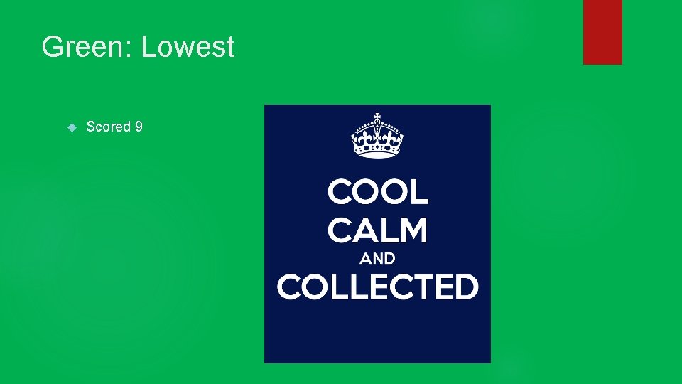 Green: Lowest Scored 9 