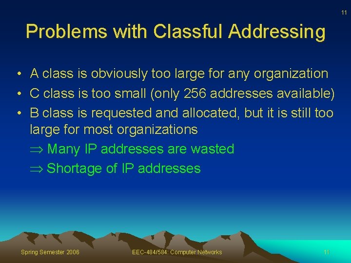 11 Problems with Classful Addressing • A class is obviously too large for any