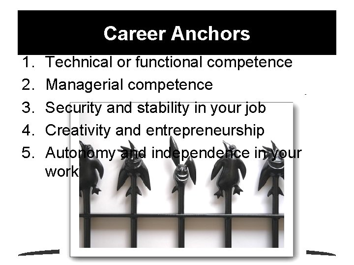 Career Anchors 1. 2. 3. 4. 5. Technical or functional competence Managerial competence Security