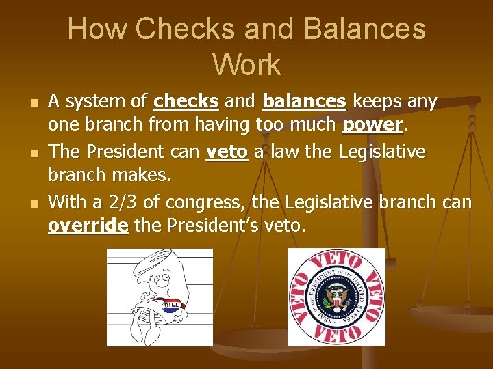 How Checks and Balances Work n n n A system of checks and balances