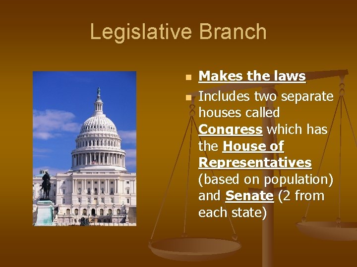 Legislative Branch n n Makes the laws Includes two separate houses called Congress which