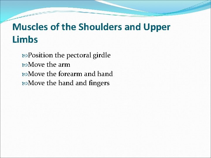 Muscles of the Shoulders and Upper Limbs Position the pectoral girdle Move the arm