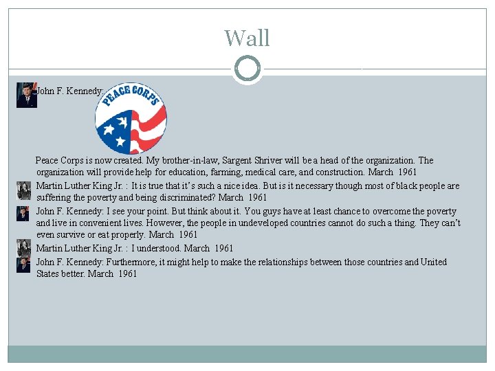Wall § § § John F. Kennedy: Peace Corps is now created. My brother-in-law,
