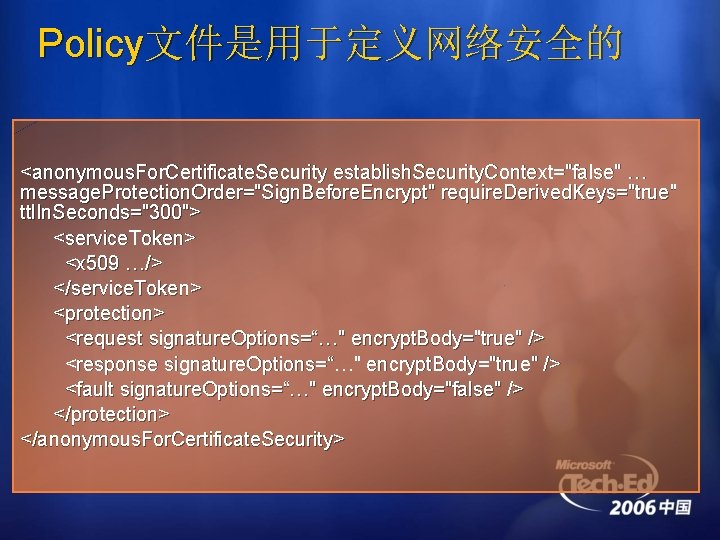 Policy文件是用于定义网络安全的 <anonymous. For. Certificate. Security establish. Security. Context="false" … message. Protection. Order="Sign. Before. Encrypt"