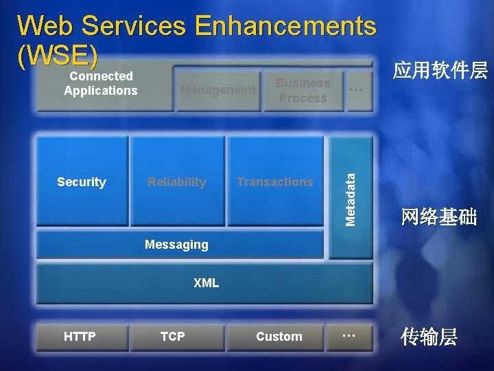 Web Services Enhancements (WSE) Security Management Reliability Business Process Transactions 应用软件层 … Metadata Connected