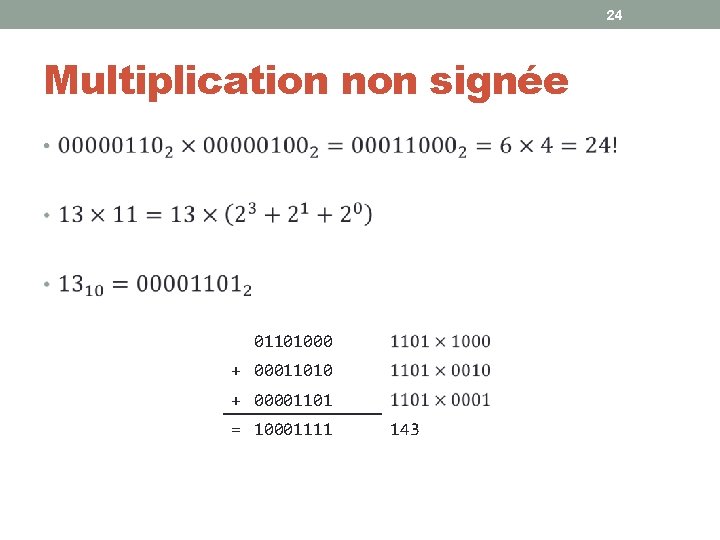 24 Multiplication non signée • 01101000 + 00011010 + 00001101 = 10001111 143 