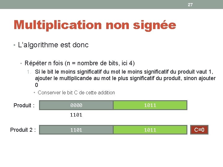 27 Multiplication non signée • L’algorithme est donc • Répéter n fois (n =