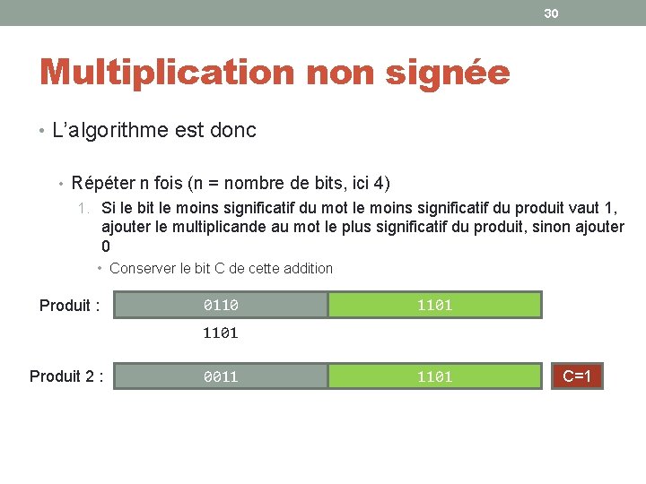 30 Multiplication non signée • L’algorithme est donc • Répéter n fois (n =