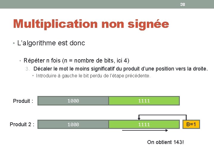 38 Multiplication non signée • L’algorithme est donc • Répéter n fois (n =