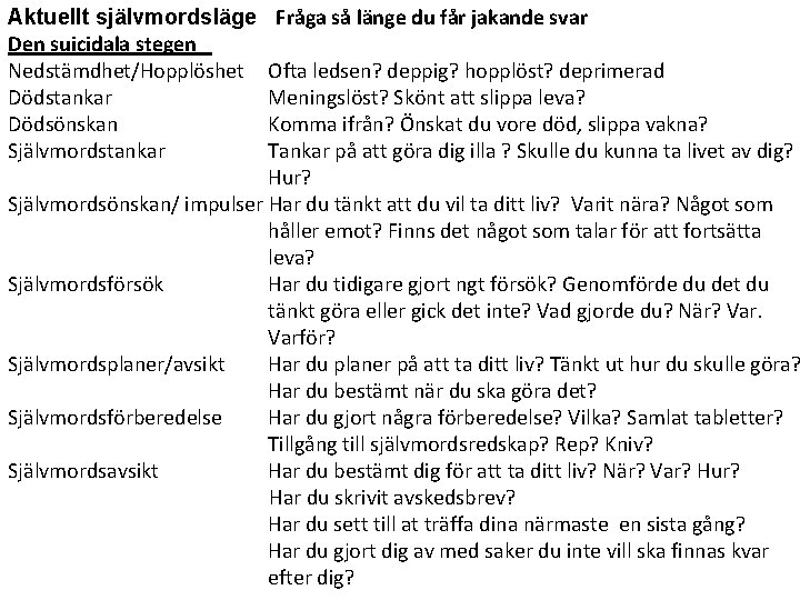 Aktuellt självmordsläge Den suicidala stegen Nedstämdhet/Hopplöshet Dödstankar Dödsönskan Självmordstankar Fråga så länge du får