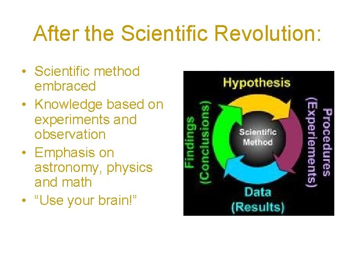 After the Scientific Revolution: • Scientific method embraced • Knowledge based on experiments and
