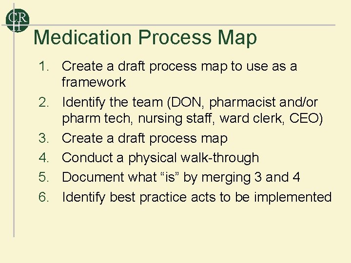 CR H Medication Process Map 1. Create a draft process map to use as