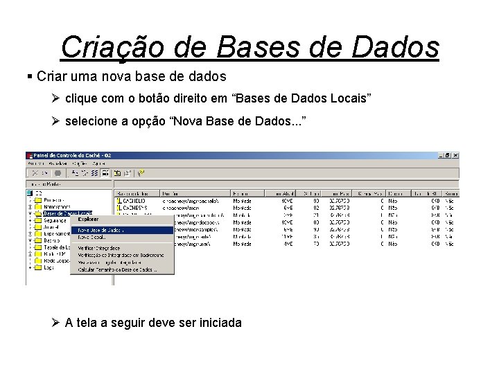 Criação de Bases de Dados § Criar uma nova base de dados Ø clique