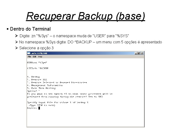 Recuperar Backup (base) § Dentro do Terminal Ø Digite: zn “%Sys” – o namespace