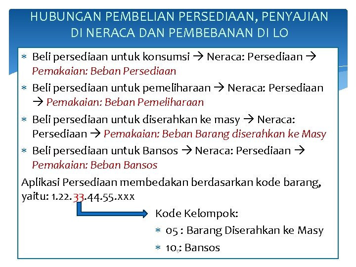 HUBUNGAN PEMBELIAN PERSEDIAAN, PENYAJIAN DI NERACA DAN PEMBEBANAN DI LO Beli persediaan untuk konsumsi