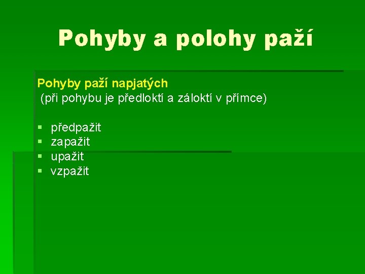 Pohyby a polohy paží Pohyby paží napjatých (při pohybu je předloktí a záloktí v