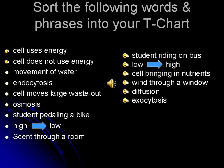 Sort the following words & phrases into your T-Chart l l l l cell