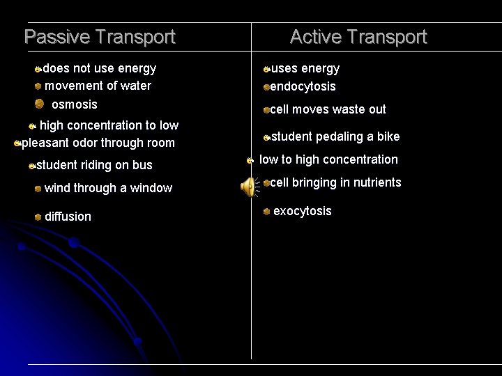 Passive Transport does not use energy movement of water osmosis high concentration to low