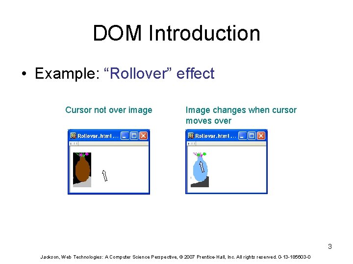 DOM Introduction • Example: “Rollover” effect Cursor not over image Image changes when cursor