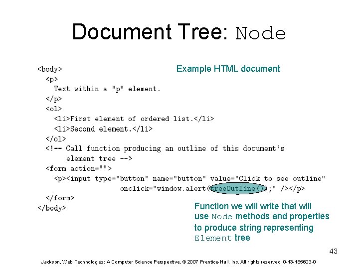 Document Tree: Node Example HTML document Function we will write that will use Node