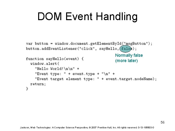 DOM Event Handling Normally false (more later) 56 Jackson, Web Technologies: A Computer Science
