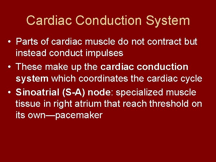 Cardiac Conduction System • Parts of cardiac muscle do not contract but instead conduct