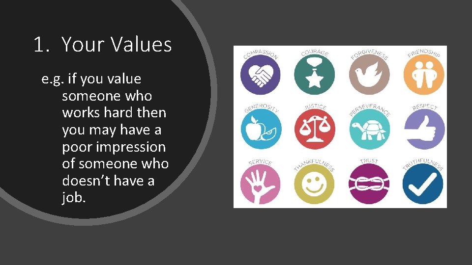 1. Your Values e. g. if you value someone who works hard then you