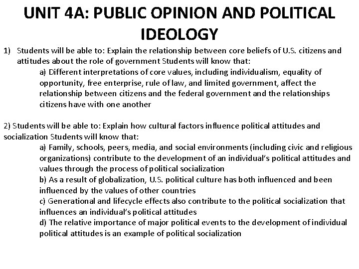 UNIT 4 A: PUBLIC OPINION AND POLITICAL IDEOLOGY 1) Students will be able to: