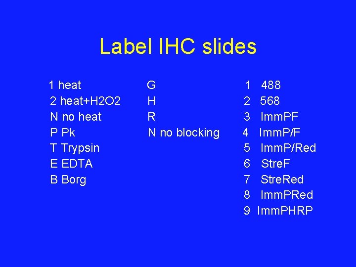 Label IHC slides 1 heat 2 heat+H 2 O 2 N no heat P