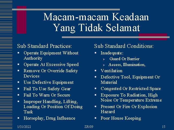 Macam-macam Keadaan Yang Tidak Selamat Sub Standard Practices: Sub Standard Conditions: § Operate Equipment
