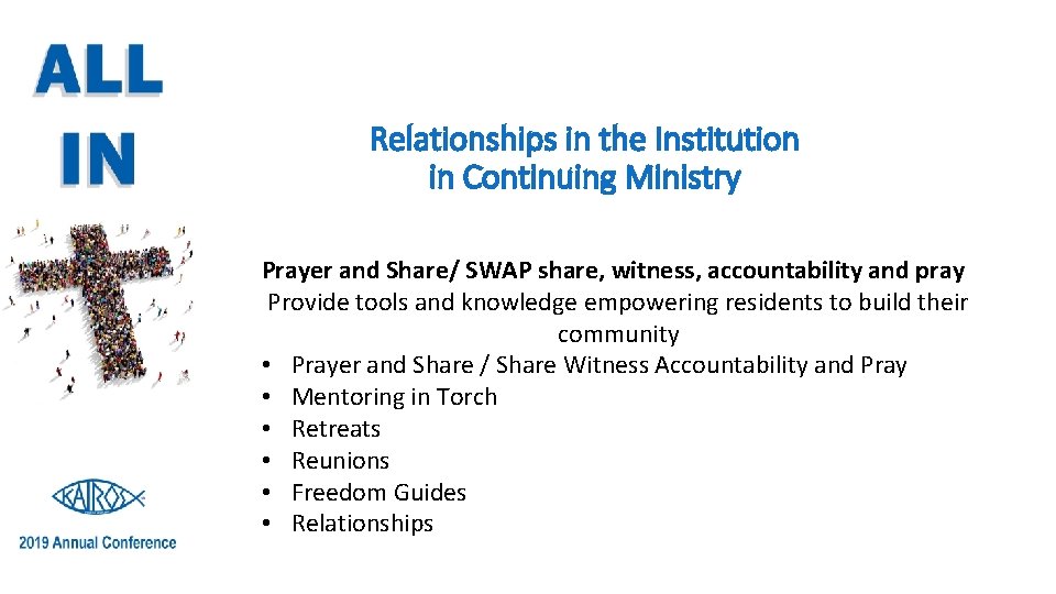 Relationships in the Institution in Continuing Ministry Prayer and Share/ SWAP share, witness, accountability