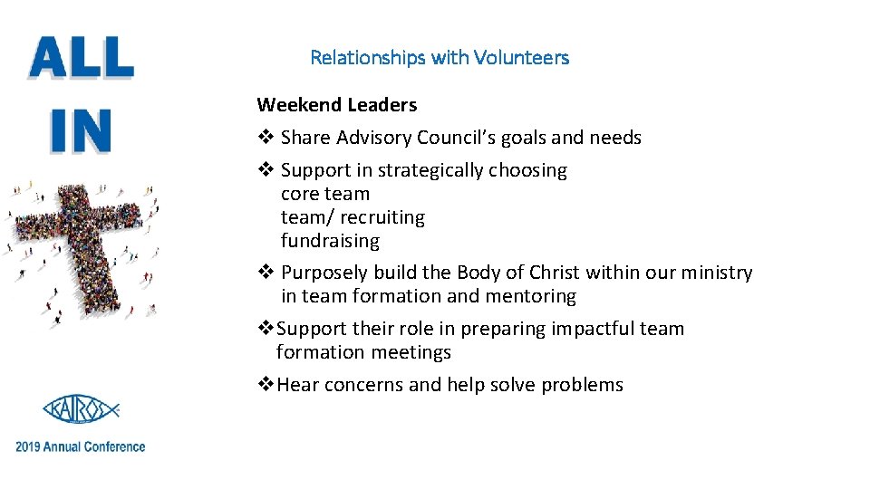 Relationships with Volunteers Weekend Leaders v Share Advisory Council’s goals and needs v Support