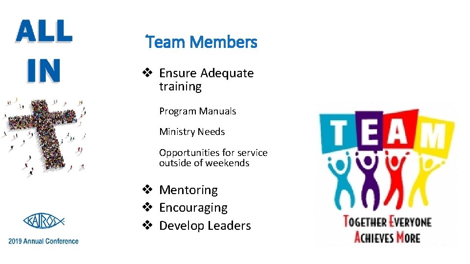 Team Members v Ensure Adequate training Program Manuals Ministry Needs Opportunities for service outside