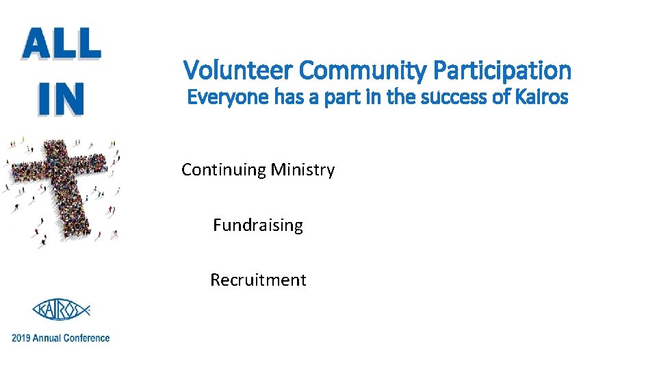 Volunteer Community Participation Everyone has a part in the success of Kairos Continuing Ministry