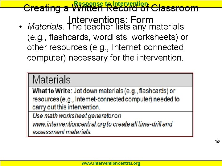 Response to Intervention Creating a Written Record of Classroom Interventions: Form • Materials. The