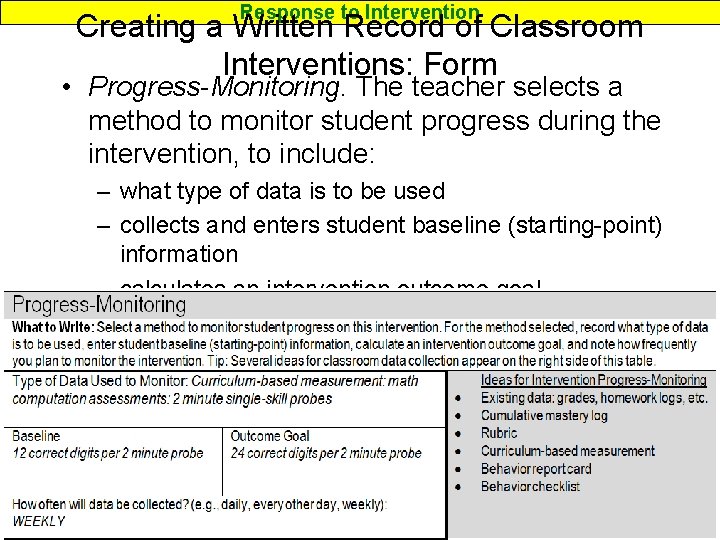 Response to Intervention Creating a Written Record of Classroom Interventions: Form • Progress-Monitoring. The